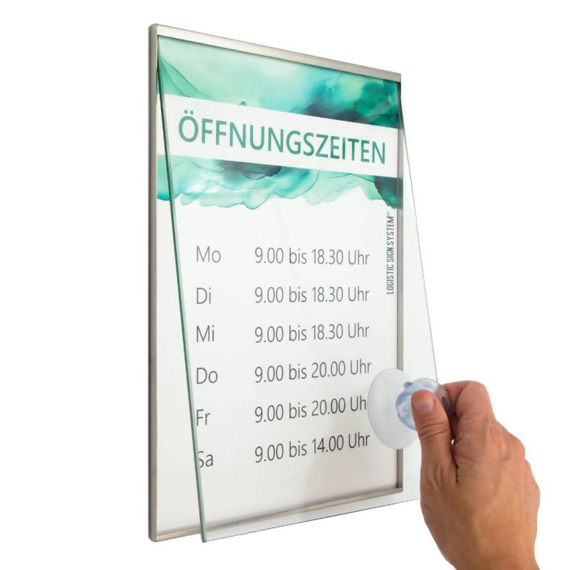 Tuerschild Vitrum G aus Glas und Edelstahl DIN A4